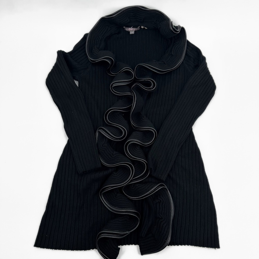 Merisol Ruffle Front Cardigan Sweater Y2K Women Size Medium Black Ribbed Knit